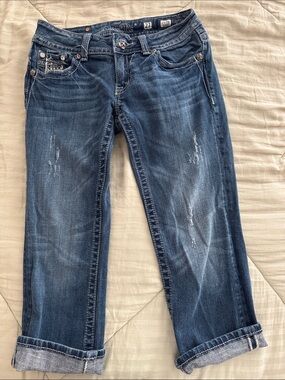 Miss Me Blue Distressed Boyfriend Jeans with Rolled Cuffs